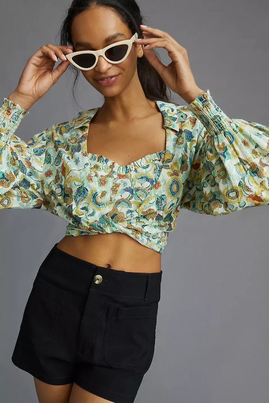 New By Anthropologie Twist Crop Top and Bra Set $120 PLUS 1X Green Long Sleeve